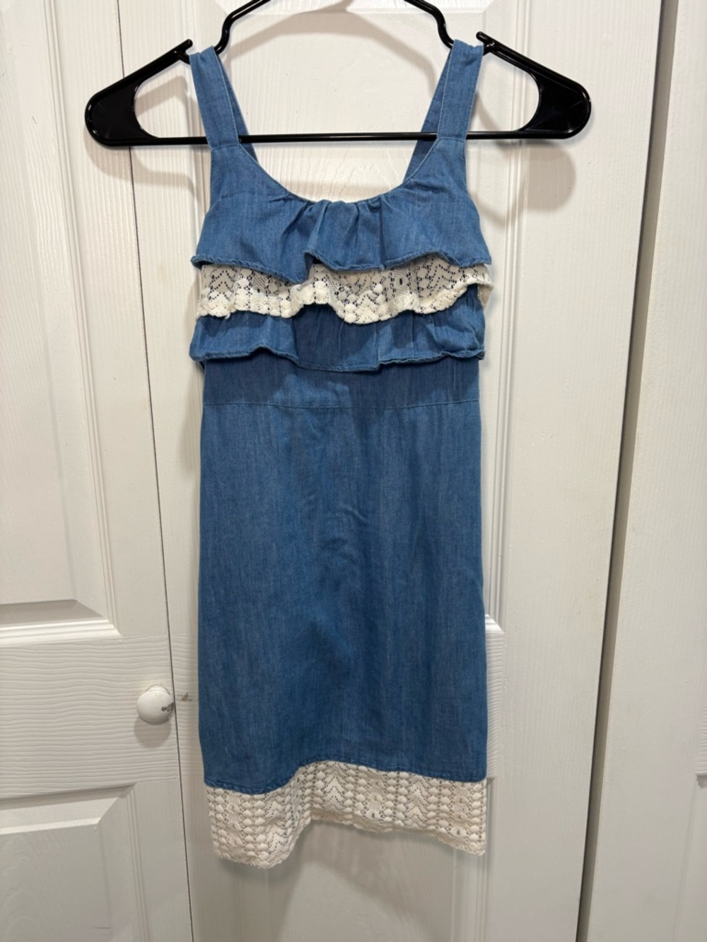 Girls' Blue Denim Ruffle Dress with Cream Crochet Trim